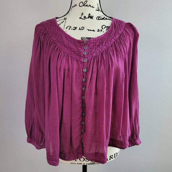 We the free XS fuchsia purple button front peasant blouse balloon sleeve boho - Picture 1 of 14